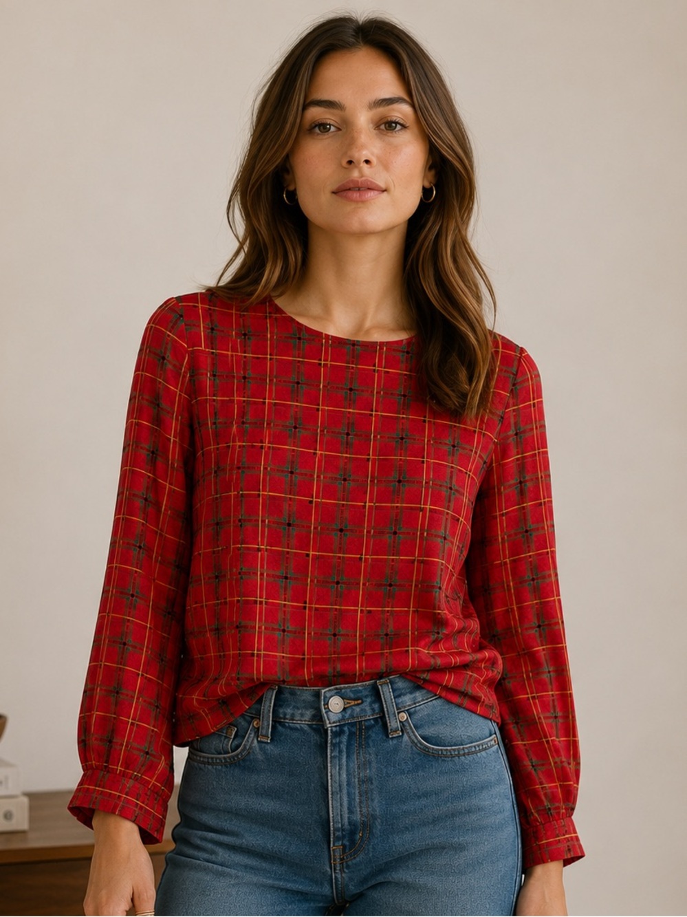 Vintage 100% Silk Red Plaid Silk Blouse – Size S